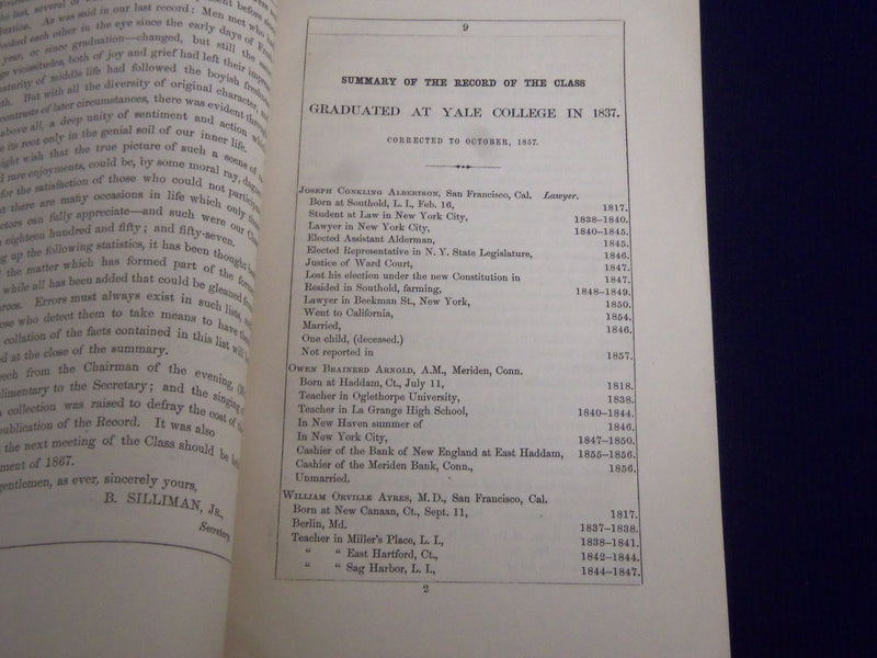 1858 YALE COLLEGE GRADUATE CLASS OF 1837 CATALOGUE - SP 2614