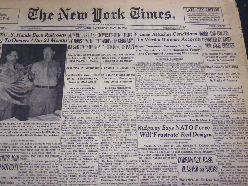 1952 MAY 24 NEW YORK TIMES - DODD AND COLSON DEMOTED BY ARMY - NT 4526