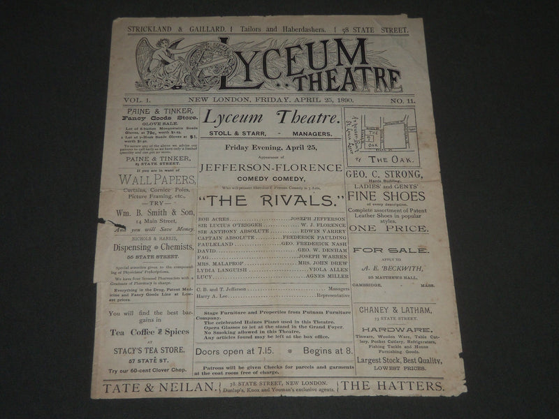 1890 APRIL 25 LYCEUM THEATRE PROGRAM - THE RIVALS JOSEPH JEFFERSON - J 2413