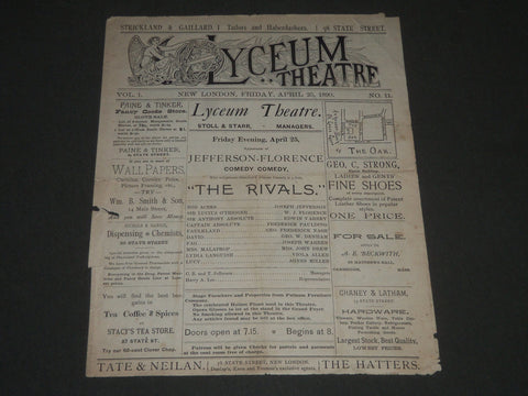 1890 APRIL 25 LYCEUM THEATRE PROGRAM - THE RIVALS JOSEPH JEFFERSON - J 2413