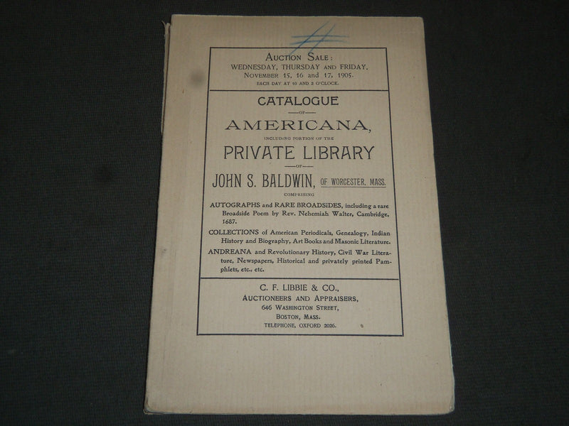 1905 JOHN S. BALDWIN AMERICANA AUCTION CATALOGUE - MASSACHUSETTS - J 5220