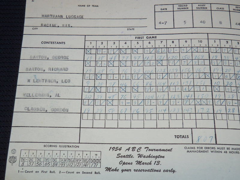1952-1953 AMERICAN BOWLING CONGRESS SCORE SHEETS LOT OF 2 - MILWAUKEE WI- J 8035