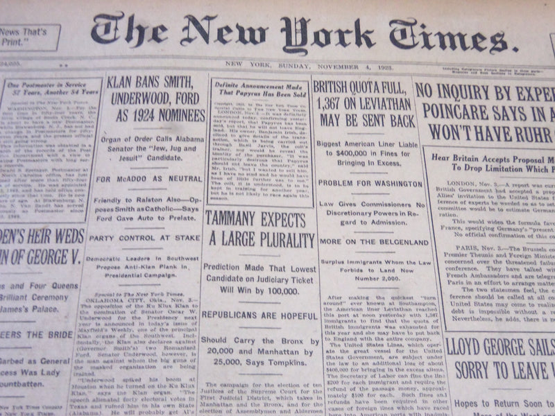 1923 NOVEMBER 4 NEW YORK TIMES - KLAN BANS SMITH, UNDERWOOD & FORD - NT 5866
