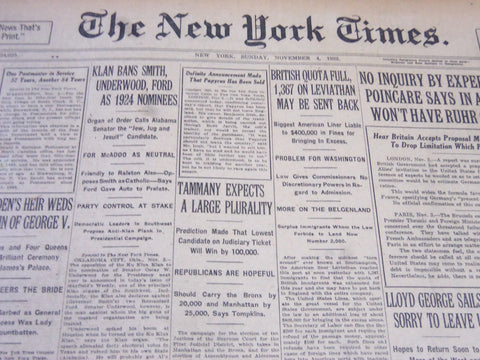 1923 NOVEMBER 4 NEW YORK TIMES - KLAN BANS SMITH, UNDERWOOD & FORD - NT 5866