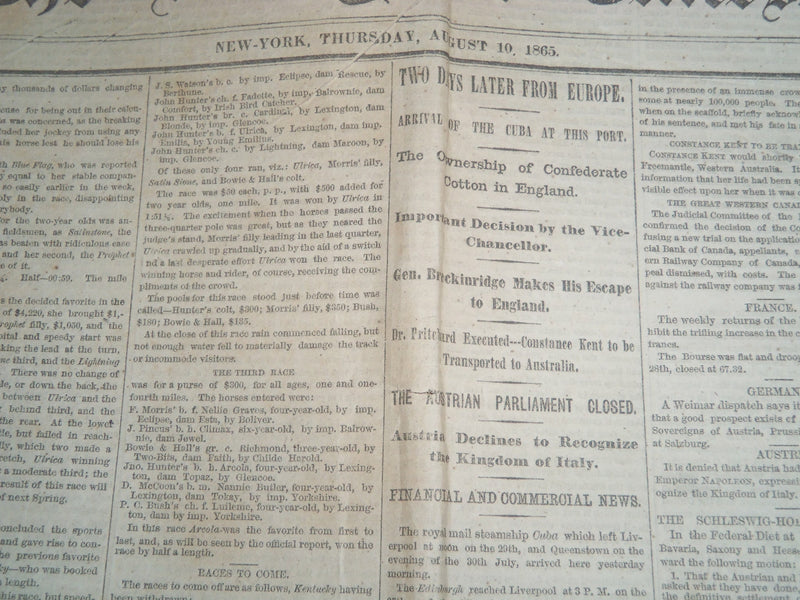 1865 AUGUST 10 NEW YORK TIMES NEWSPAPER - SARATOGA RACE TRACK - NP 3989