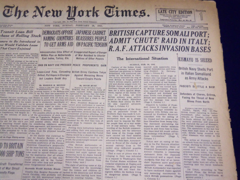 1941 FEBRUARY 16 NEW YORK TIMES - BRITISH CAPTURE SOMALI PORT - NT 1311