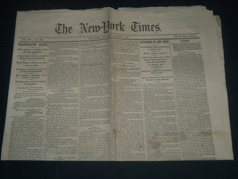 1865 AUGUST 5 NEW YORK TIMES NEWSPAPER - SUPPORTERS OF JEFF DAVIS - NP 3990