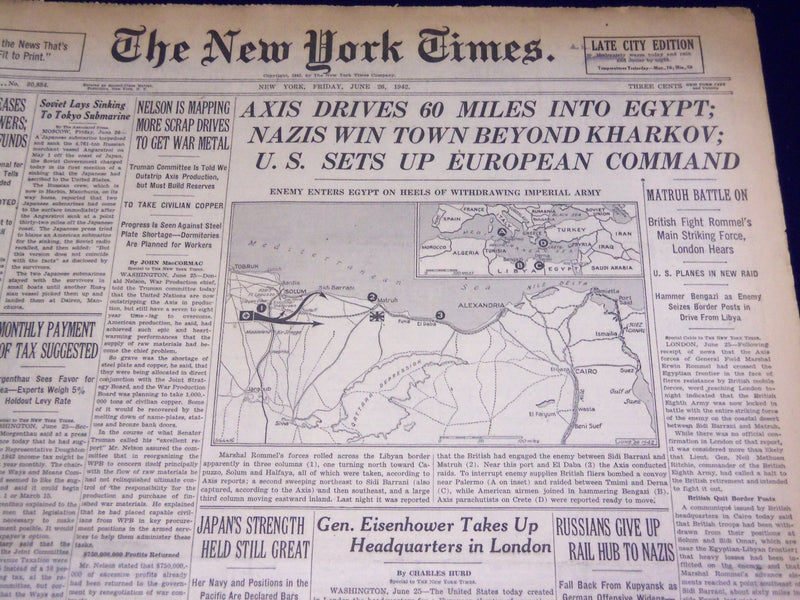 1942 JUNE 26 NEW YORK TIMES - AXIS DRIVES 60 MILES INTO EGYPT - NT 1543