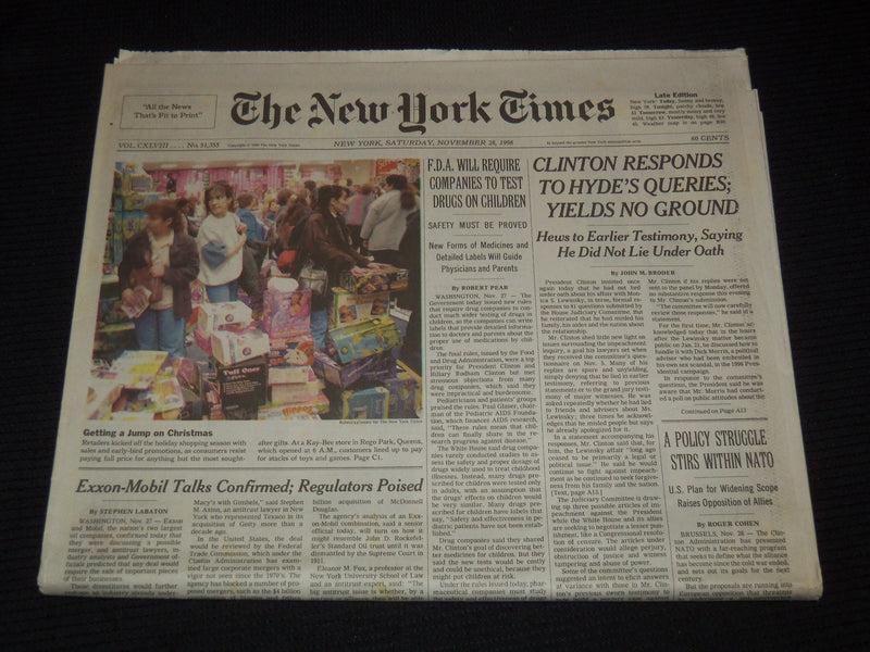 1998 NOV 28 NEW YORK TIMES NEWSPAPER-CLINTON RESPONDS TO HYDE'S QUERIES- NP 7045