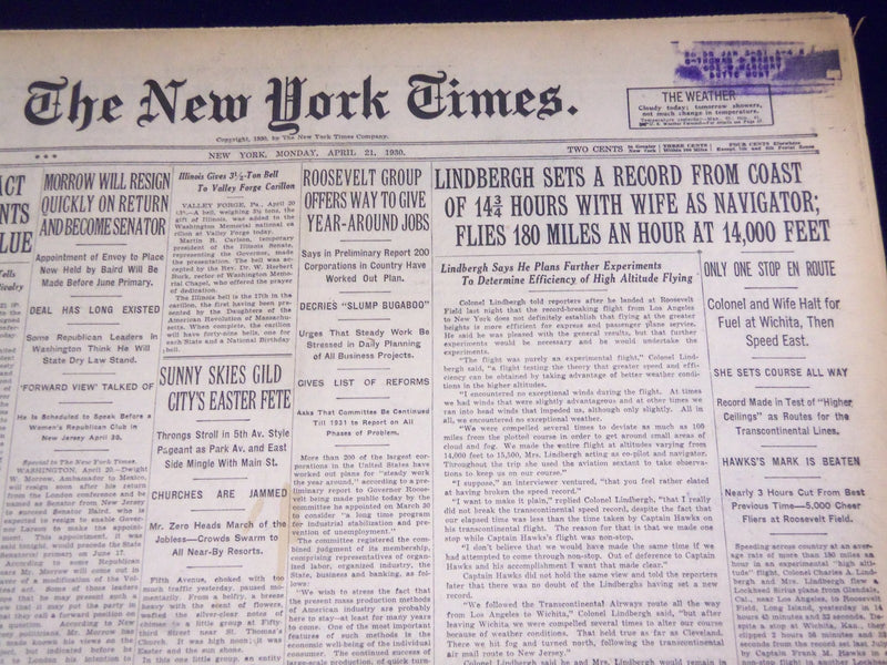 1930 APRIL 21 NEW YORK TIMES - LINDBERGH SETS A RECORD OF 14 3/4 HOURS - NT 1567