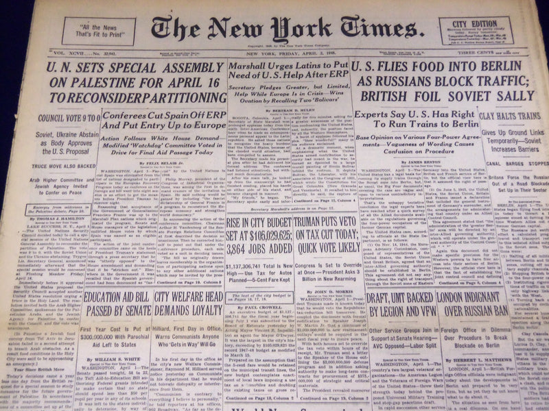 1948 APRIL 2 NEW YORK TIMES - U. S. FLIES FOOD INTO BERLIN - NT 3372