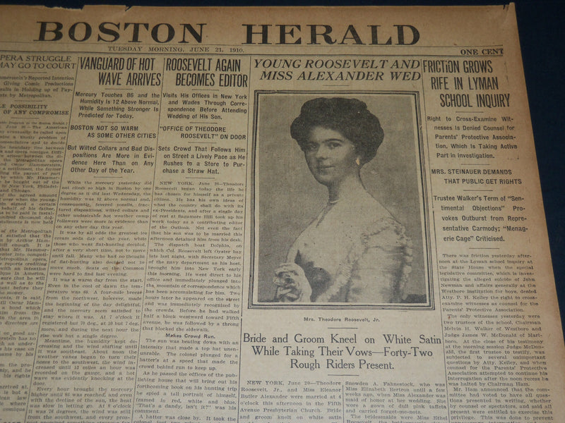 1910 JUNE 21 THE BOSTON HERALD - YOUNG ROOSEVELT & MISS ALEXANDER WED - BH 347