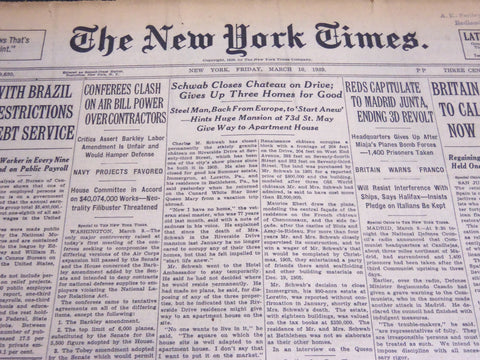 1939 MARCH 10 NEW YORK TIMES - SCHWAB CLOSES CHATEAU ON DRIVE - NT 6853