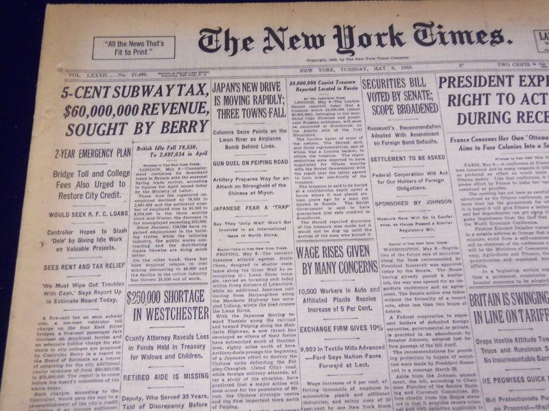 1933 MAY 9 NEW YORK TIMES - 5 CENT SUBWAY TAX - NT 4169