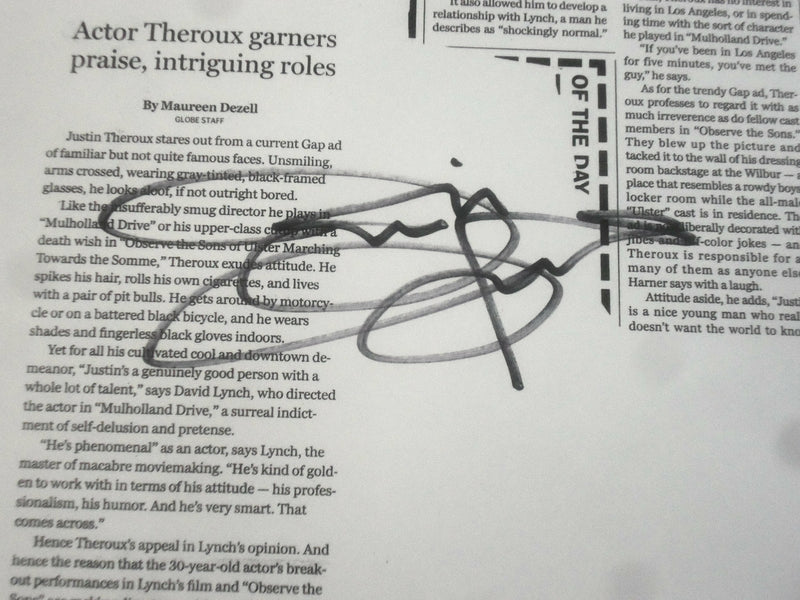 JUSTIN THEROUX 8x10 AUTOGRAPHED PHOTOGRAPH & NEWSPAPER ARTICLE- LOT OF 4