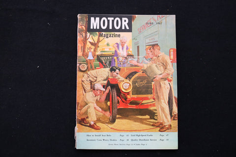 1961 JUNE MOTOR MAGAZINE - OLDER WOMAN GETTING CAR SERVICED COVER - E 10406