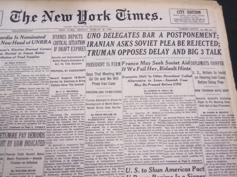 1946 MARCH 22 NEW YORK TIMES - UNO POSTPONEMENT REJECTED - NT 4232