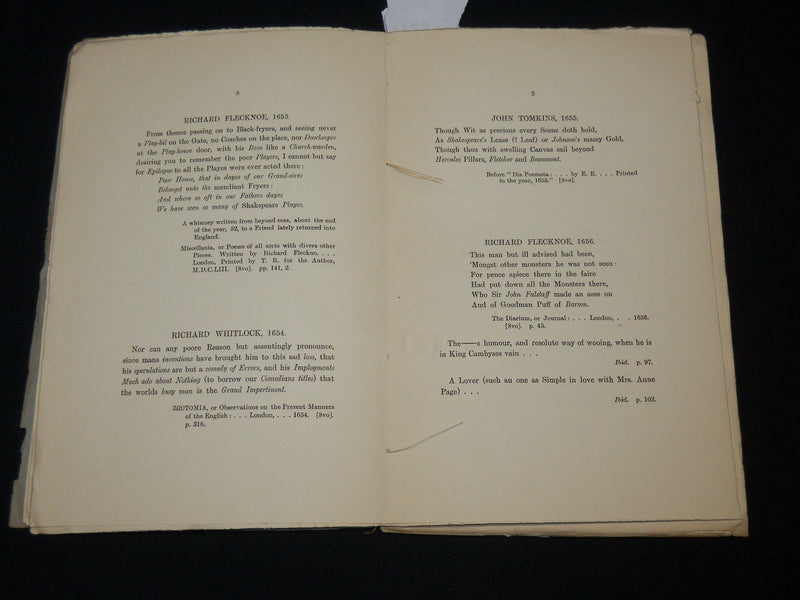 1920 SOME 17TH CENTURY ALLUSIONS TO SHAKESPEARE AND HIS WORKS BOOK - J 6525