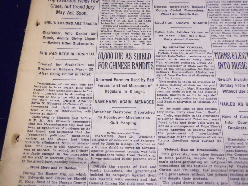 1931 JUNE 11 NEW YORK TIMES - 10,000 DIE AS SHIELD FOR CHINESE BANDITS - NT 2160