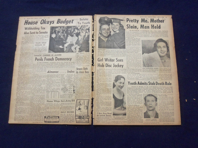 1958 JUNE 6 BOSTON RECORD AMERICAN NEWSPAPER -WIFE MURDERED LOVERS' LANE-NP 6278