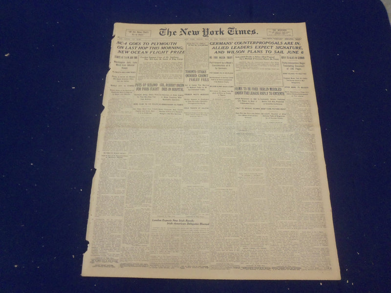 1919 MAY 30 NEW YORK TIMES - NC-4 GOES TO PLYMOUTH - NT 9254