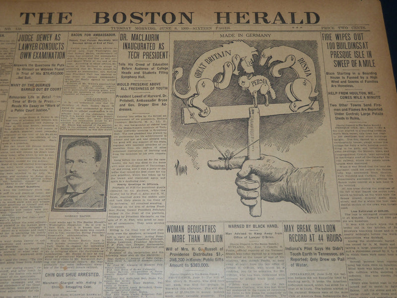 1909 JUNE 8 THE BOSTON HERALD NEWSPAPER - PRESQUE ISLE FIRE - BH 382