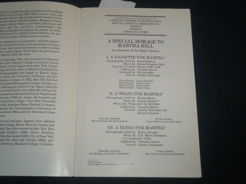 1987 JUILLIARD DANCE ENSEMBLE 35TH ANNIVERSARY - MARTHA HILL PROGRAM - J 4239