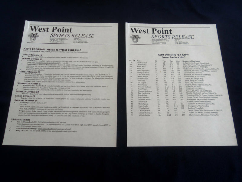 1998 OCTOBER 17 SOUTHERN MISSISSIPPI AT ARMY FOOTBALL GAME PRESS KIT - ST 4628E