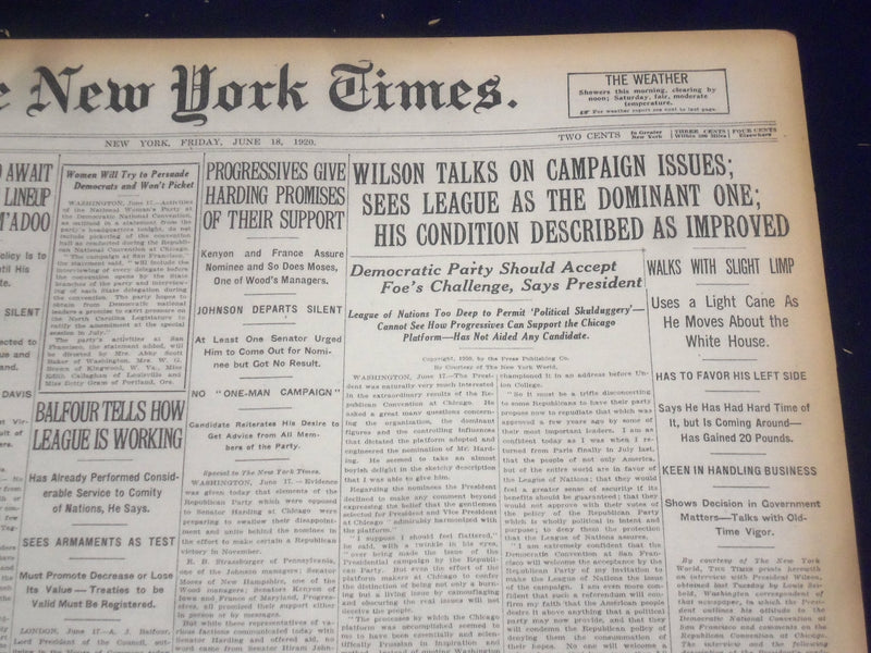 1920 JUNE 18 NEW YORK TIMES - WILSON TALKS ON CAPAIGN ISSUES - NT 9128