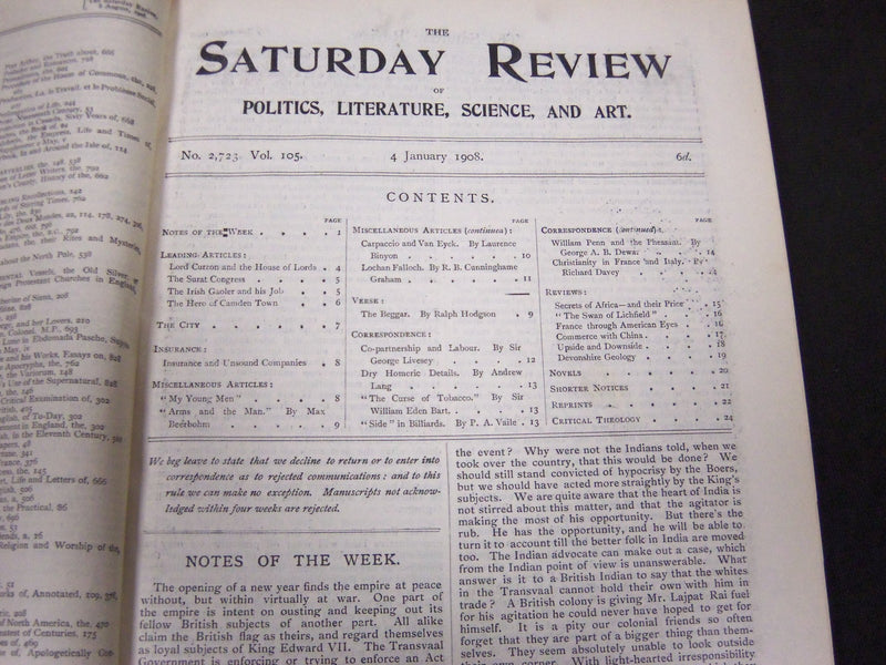 1908 SATURDAY REVIEW 2 BOUND VOLUMES - COMPLETE YR- PUBLISHED IN LONDON - R 1090