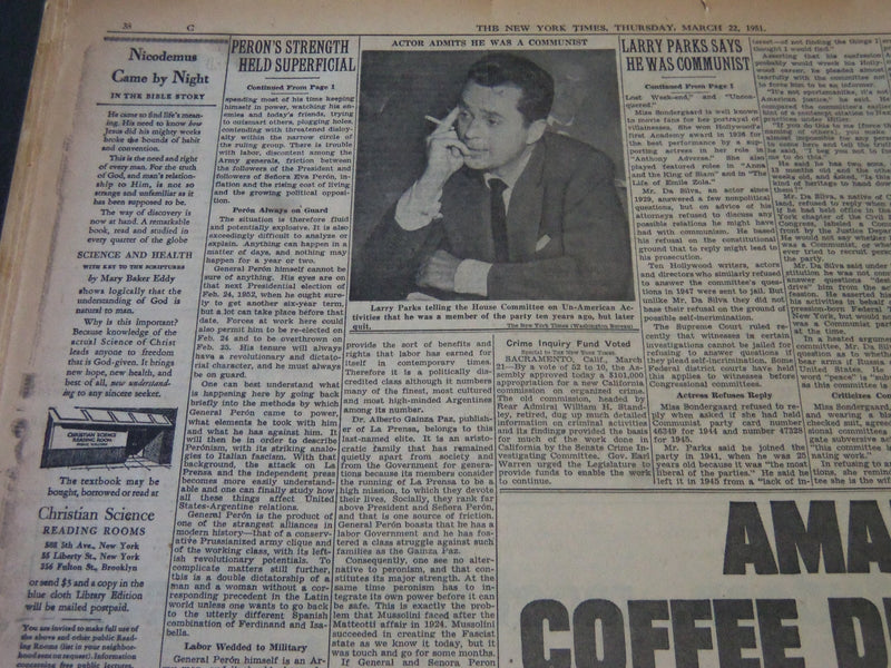 1951 MARCH 22 NEW YORK TIMES - LARRY PARKS SAYS HE WAS A COMMUNIST - NT 5942