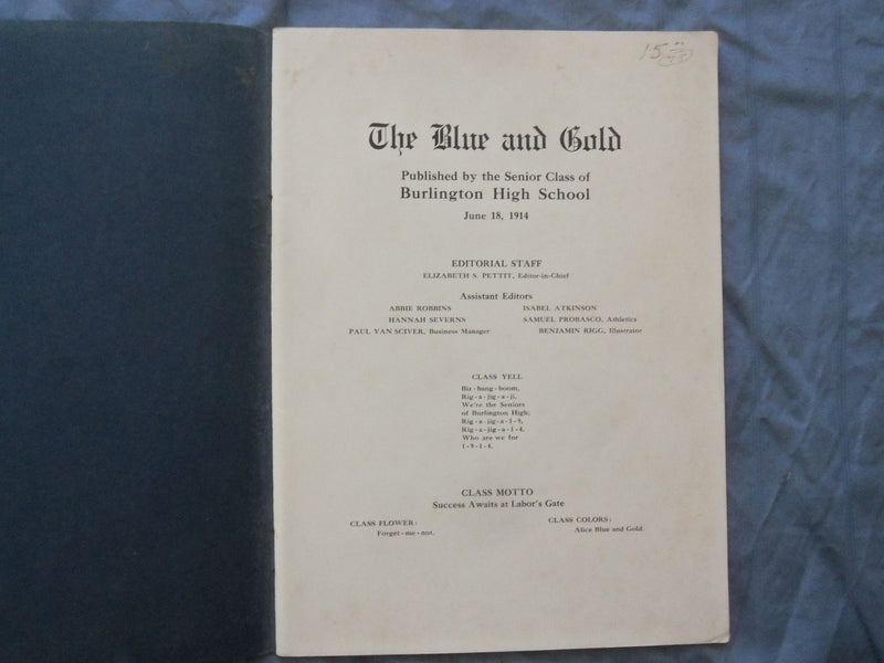 1914 THE BLUE AND GOLD BURLINGTON HIGH SCHOOL YEARBOOK -BURLINGTON, NJ - YB 3387