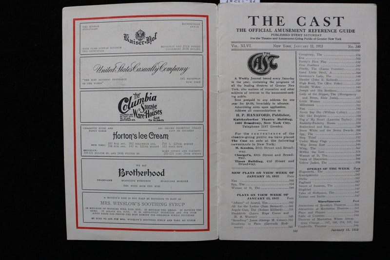 1913 JANUARY 11 THE CAST NEW YORK AMUSEMENT GUIDE - VIRGINIA HARNED - K 2753