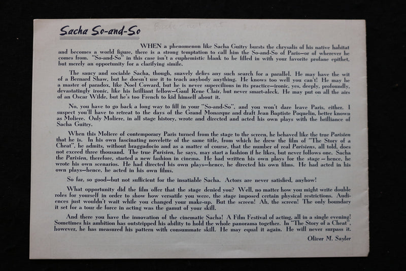 1930'S THE STORY OF A CHEAT PROGRAM - 5TH AVENUE PLAYHOUSE - K 1936