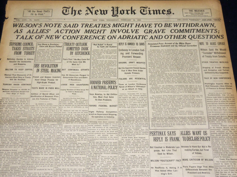 1920 FEBRUARY 18 NEW YORK TIMES - WILSON SAYS TREATIES MAY BE WITHDRAWN- NT 7885