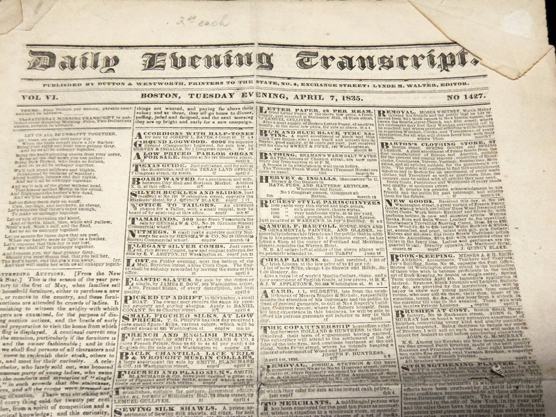 1835-1836 DAILY EVENING TRANSCRIPT NEWSPAPER LOT OF 2 - BOSTON - K 76