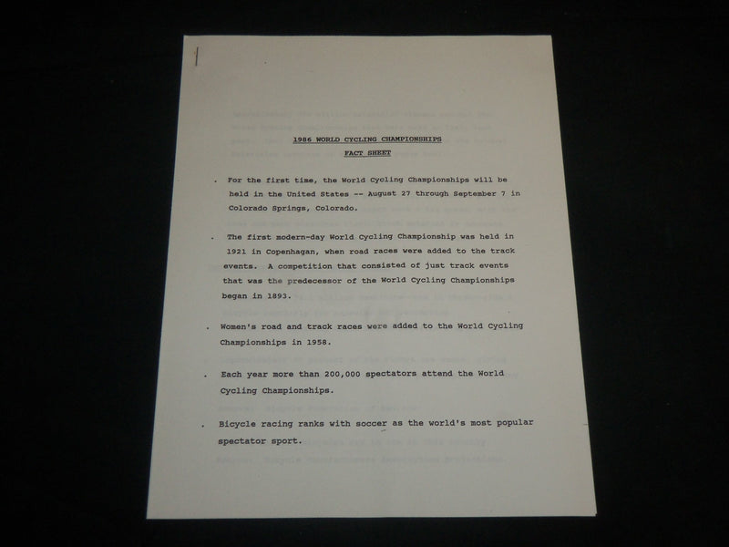 1986 WORLD CYCLING CHAMPIONSHIPS PRESS KIT - COLORADO SPRINGS - J 6789