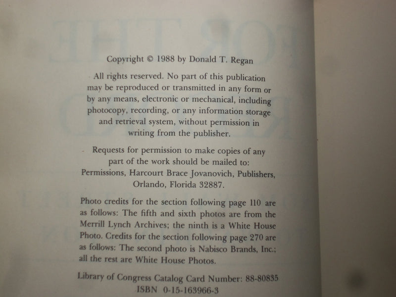 1988 FOR THE RECORD HARDCOVER BOOK BY DONALD T. REGAN - KD 9289