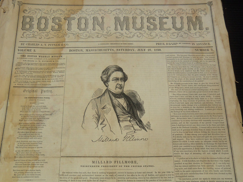 1850 JULY 27 BOSTON MUSEUM NEWSPAPER MILLARD FILLMORE - 13TH PRESIDENT - NP 9056