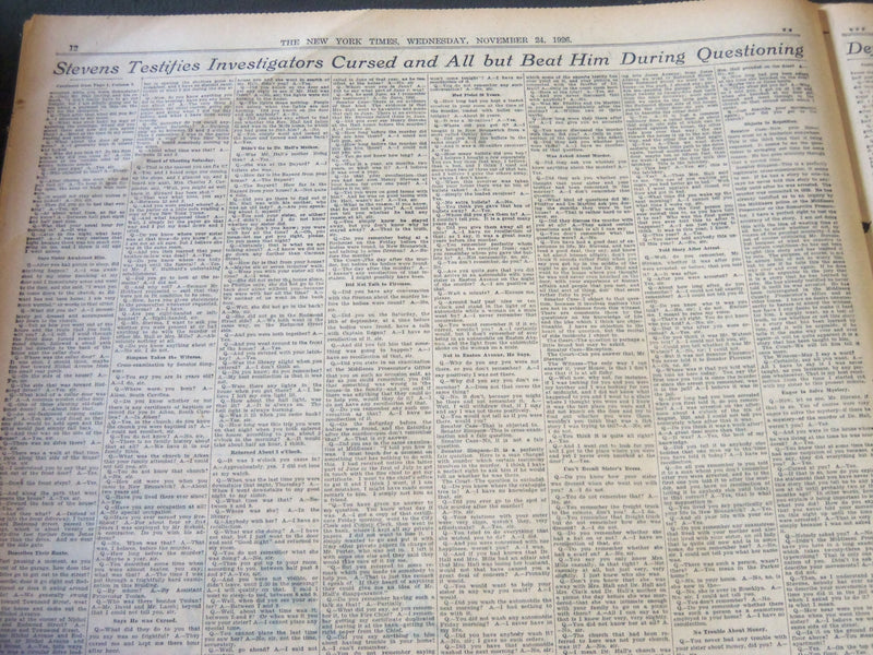 1926 NOVEMBER 24 NEW YORK TIMES - WILLIE STEVENS ON STAND DENIES MURDER- NT 6528