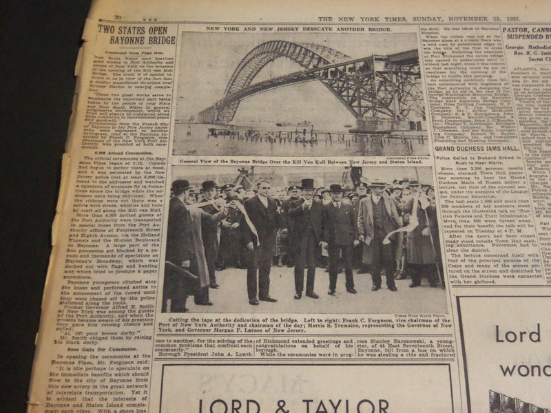 1931 NOVEMBER 15 NEW YORK TIMES - TWO STATES OPEN BAYONNE BRIDGE - NT 6675