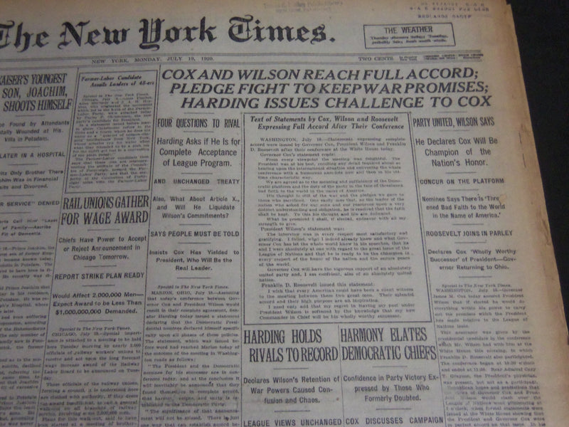 1920 JULY 9 NEW YORK TIMES - COX AND WILSON REACH FULL ACCORD - NT 6752