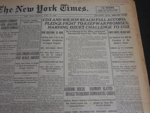 1920 JULY 9 NEW YORK TIMES - COX AND WILSON REACH FULL ACCORD - NT 6752
