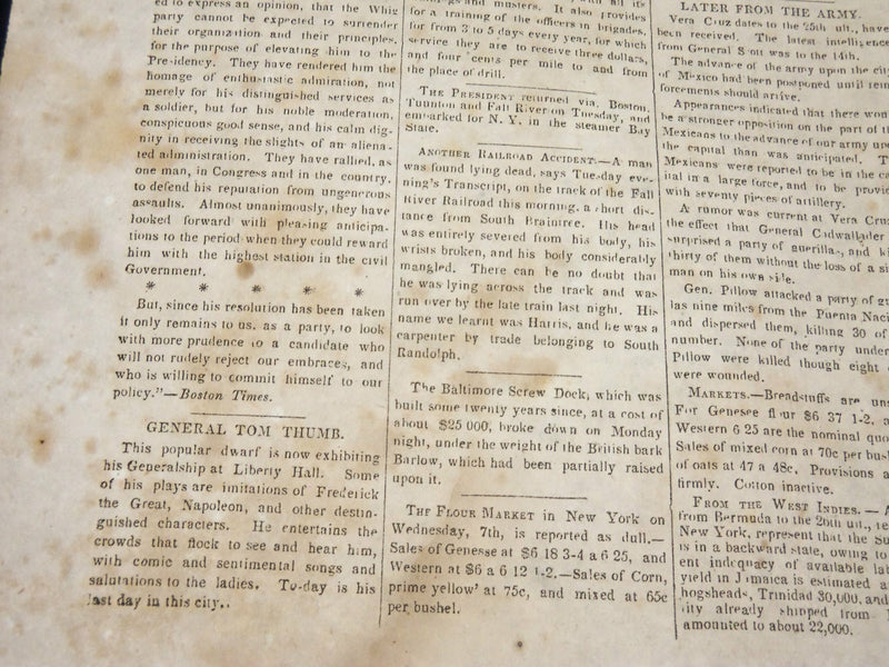 1847 JULY 9 NEW BEDFORD REPORTER NEWSPAPER - GENERAL TOM THUMB - NP 4962