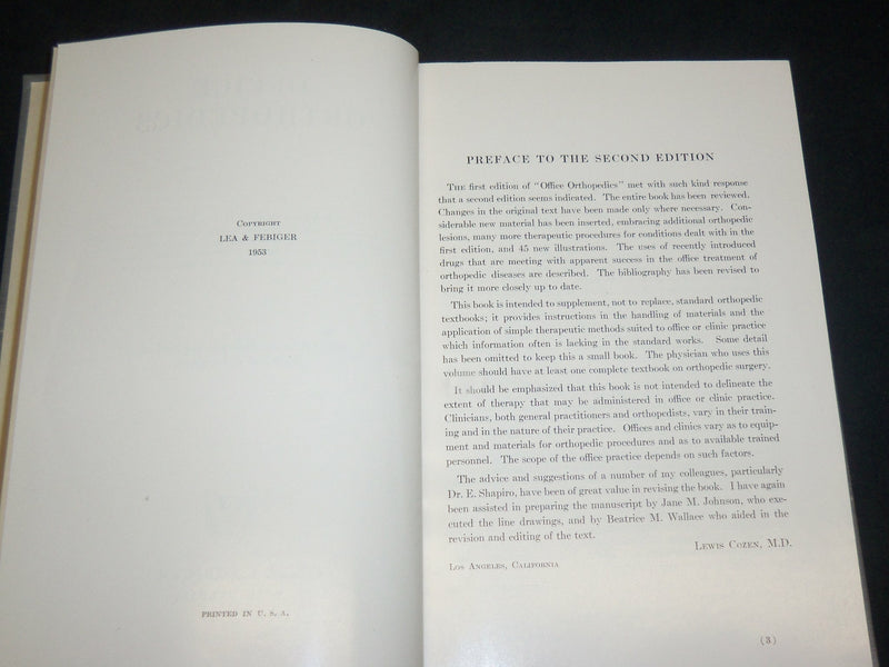 1953 OFFICE ORTHOPEDICS HARDCOVER BOOK BY LEWIS COZEN, M. D. - KD 2764Z