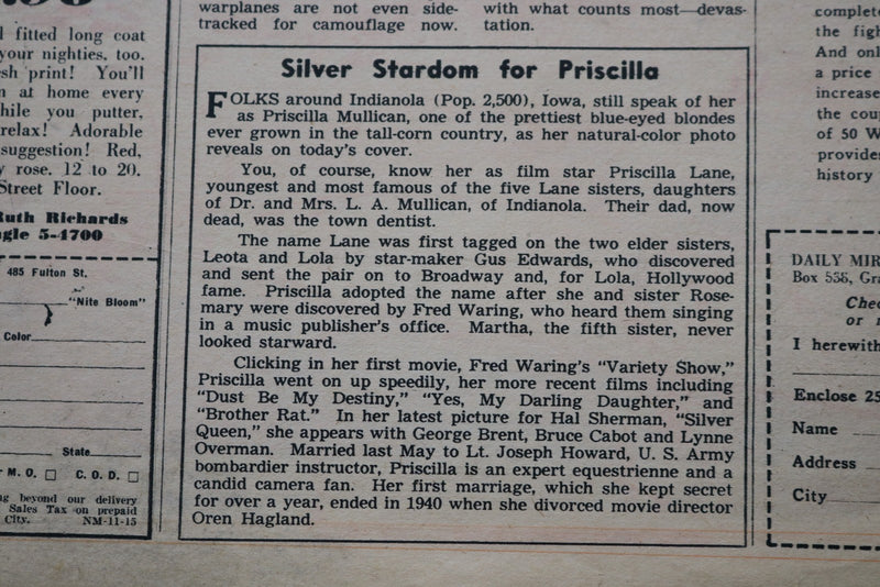 1942 NOV 15 SUNDAY MIRROR NEWSPAPER MAGAZINE SECTION - PRISCILLA LANE - NP 9101