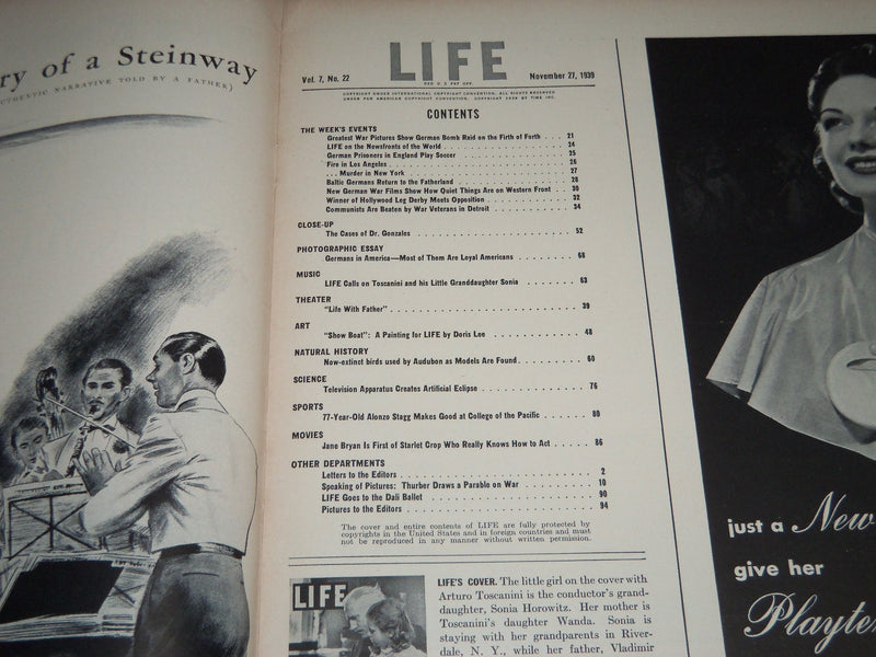 1939 NOVEMBER 27 LIFE MAGAZINE - ARTURO TOSCANINI COVER - L 158