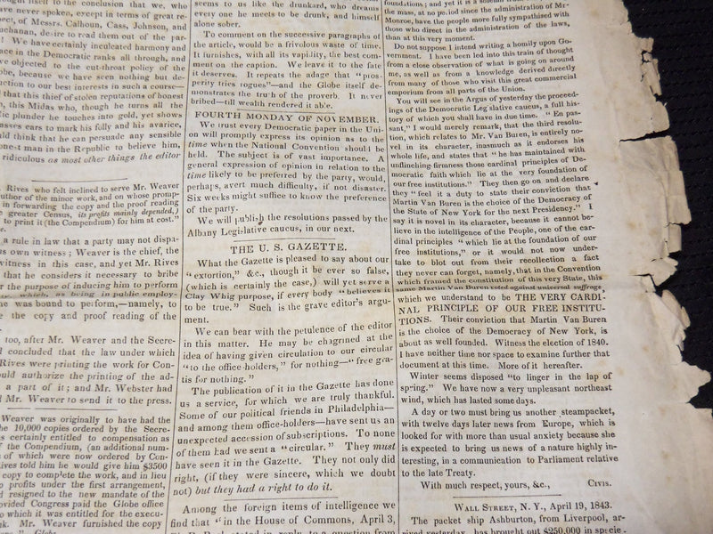 1843 APR 21 THE DAILY MADISONIAN NEWSPAPER - CLERK REPORT OF H. O. P. - NP 3877F