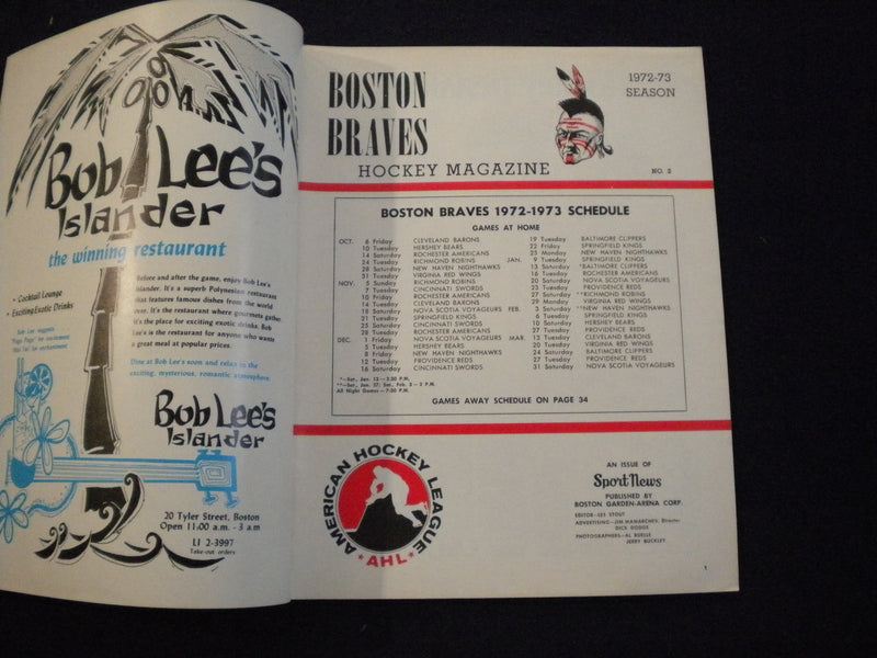 1972-1973 BOSTON BRAVES AHL HOCKEY PROGRAM - SP 3624I