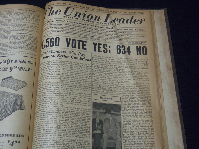 1939 THE UNION LEADER - CHICAGO RAILWAY - RAPID - BUS EMPLOYEES BOUND VOLUME